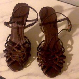 Brown Open-Toed Heels with gold accents